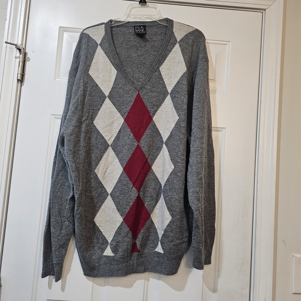 Jos. A. Bank Gray and Red Argyle V-Neck Sweater Preppy Old Money Size XL